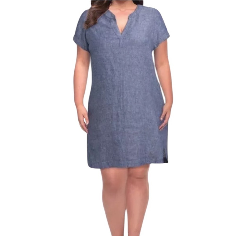 TAHARI 2X Linen Short Sleeve Dress Split Neck Pop Over